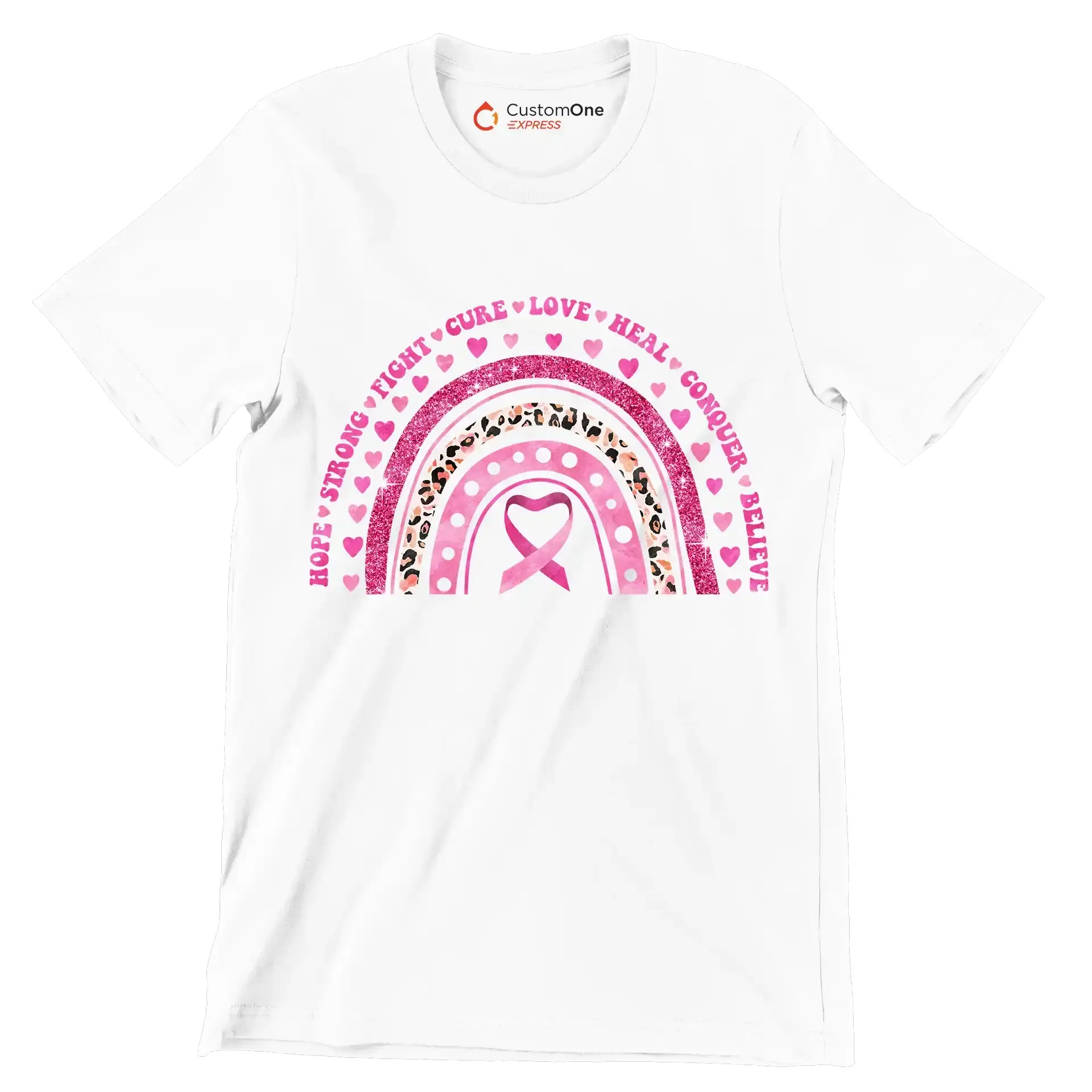 Hope strong fight cure love heal conquer believe - Breast Cancer Awareness T-Shirt-White-S-Custom One Express