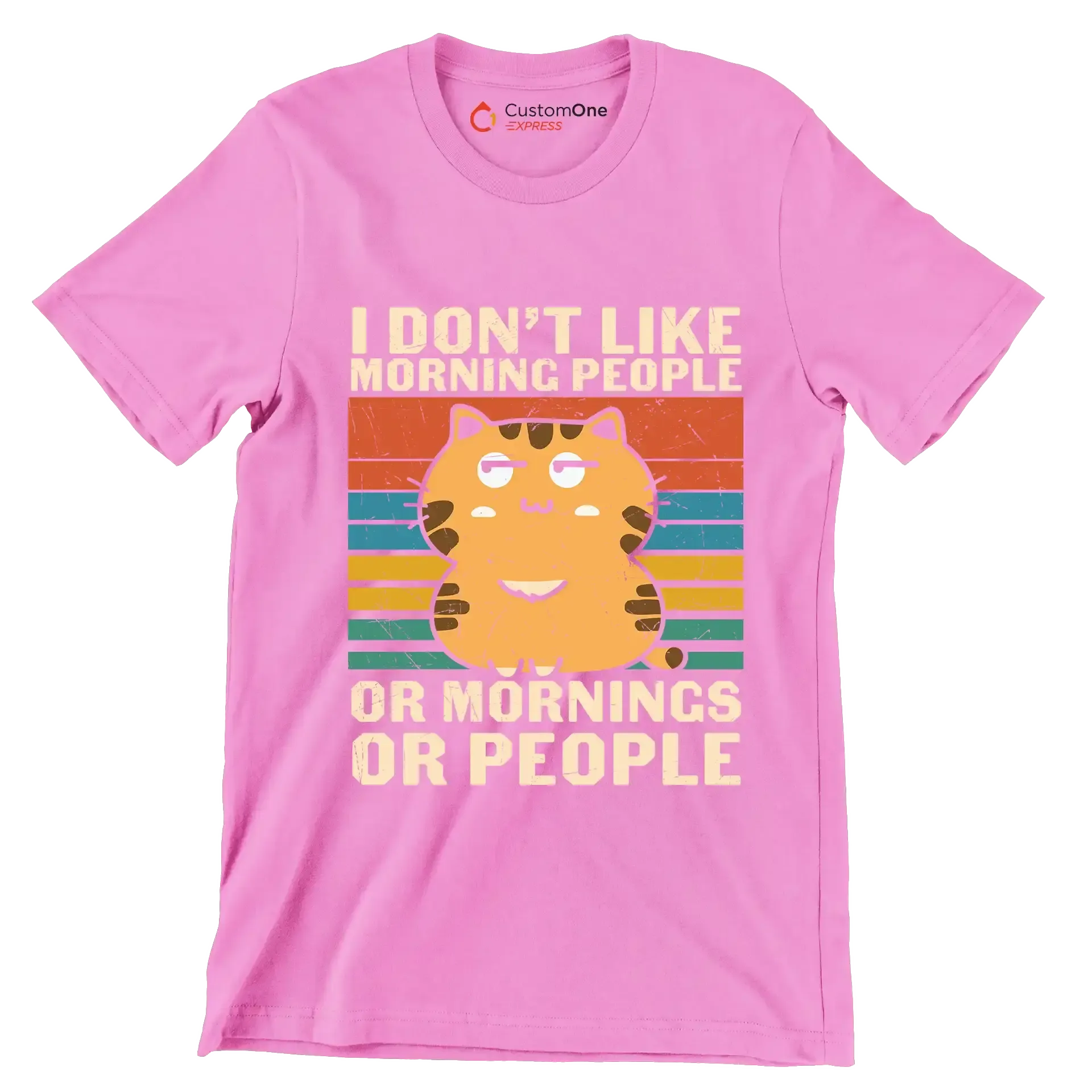 I Hate Morning People Cat - Cat Themed T-Shirt-Pink-S-Custom One Express