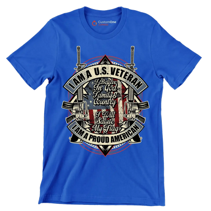 I am a u.s. veteran i believe in god family & country i will salute my flag i am a proud american - Veterans Themed T-Shirt-Blue-S-Custom One Express