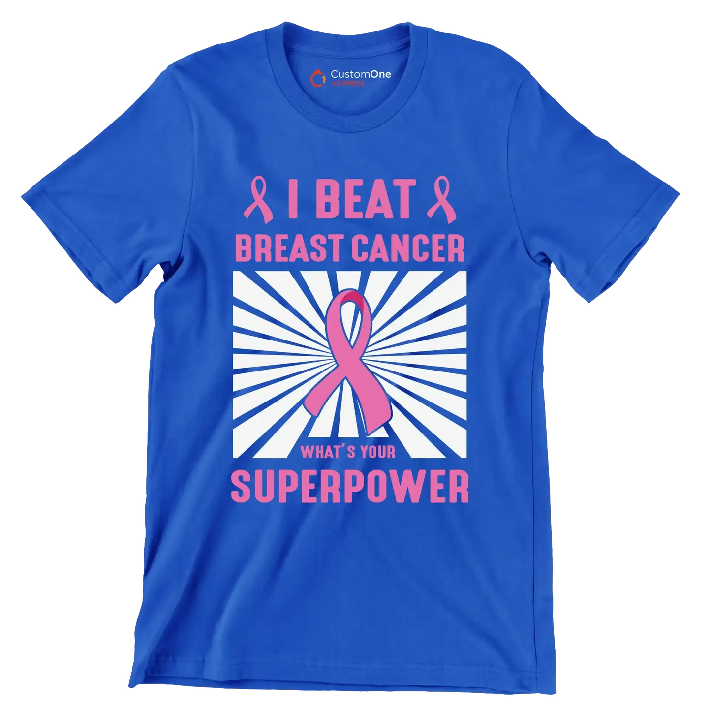 I beat breast cancer what_s your superpower - Breast Cancer Awareness T-Shirt-Blue-S-Custom One Express