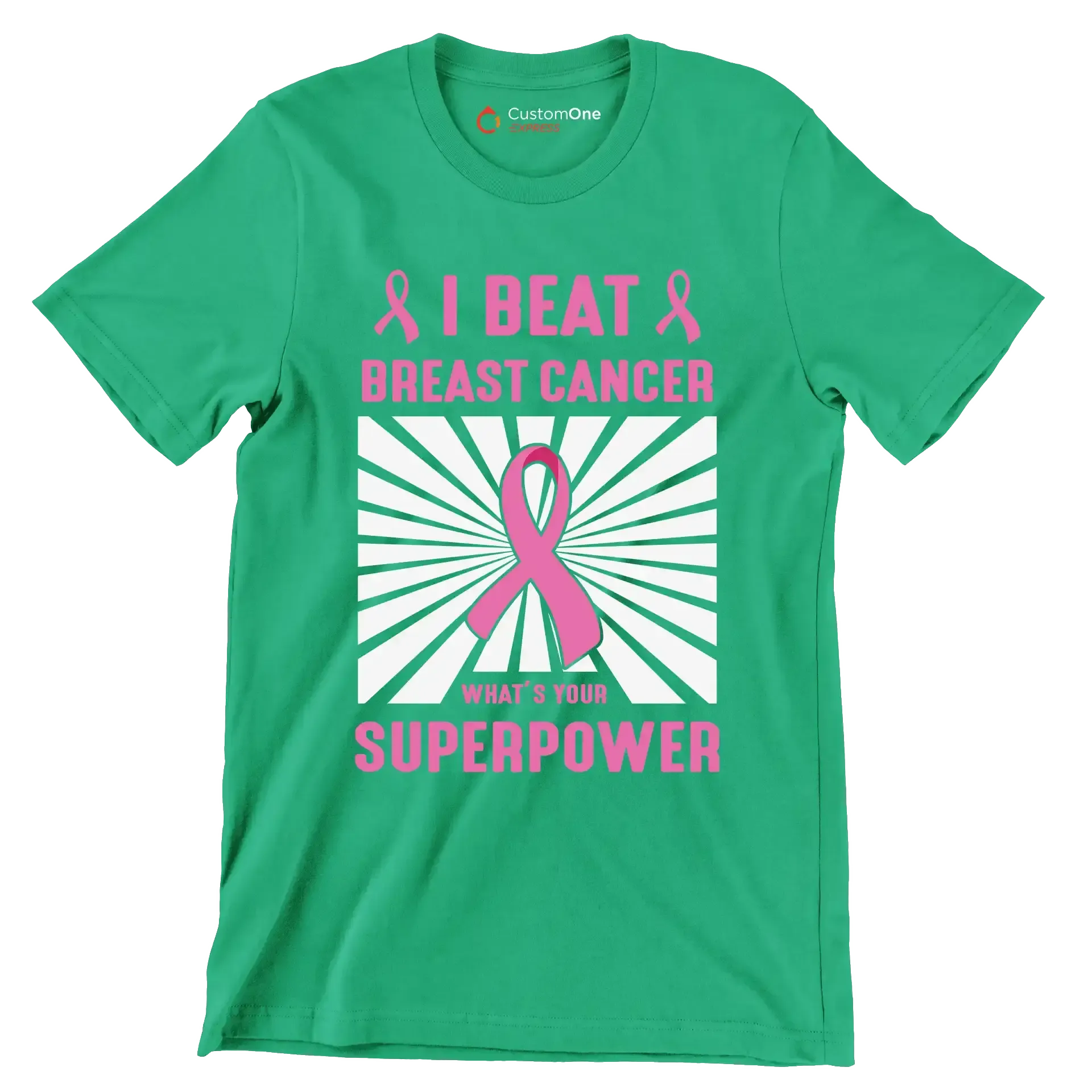 I beat breast cancer what_s your superpower - Breast Cancer Awareness T-Shirt-Green-S-Custom One Express