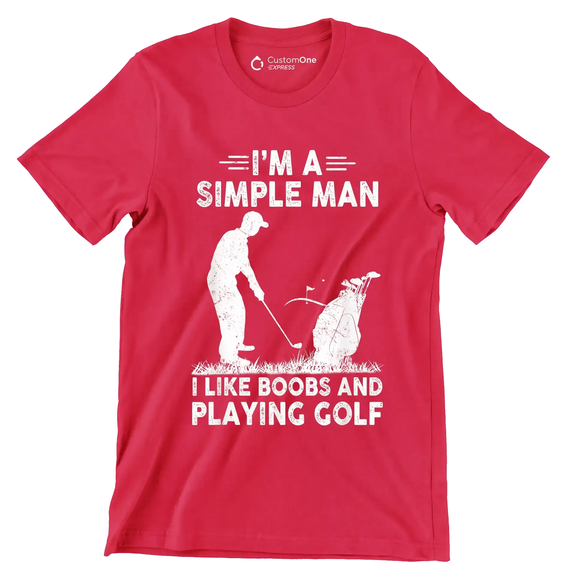 I'M A SIMPLE MAN I LIKE BOOBS AND PLAYING GOLF - Golf Themed T-Shirt-Red-S-Custom One Express
