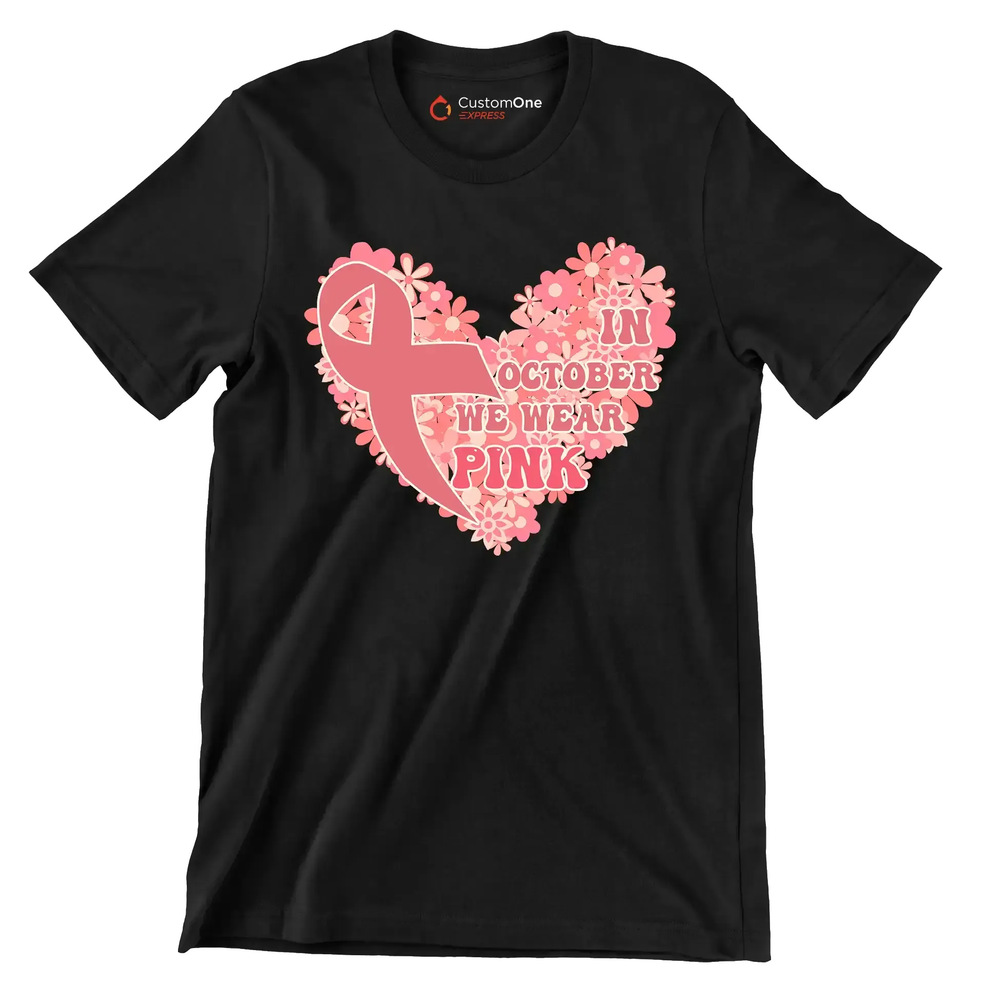 In October We Wear Pink - Breast Cancer Awareness T-Shirt-Black-S-Custom One Express