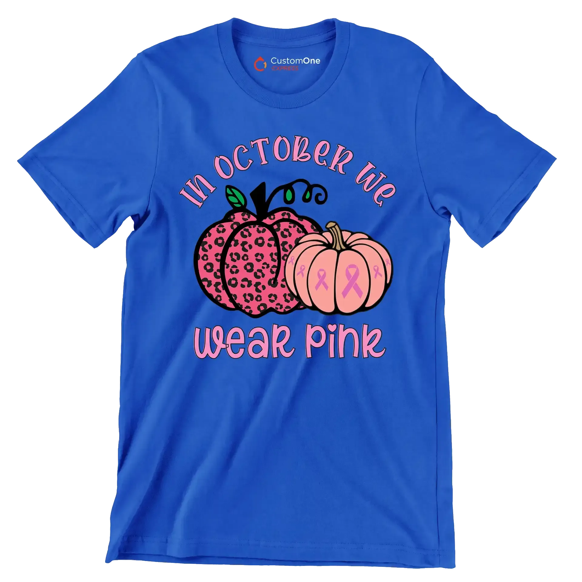 In October We Wear Pink - Breast Cancer Awareness T-Shirt-Blue-S-Custom One Express