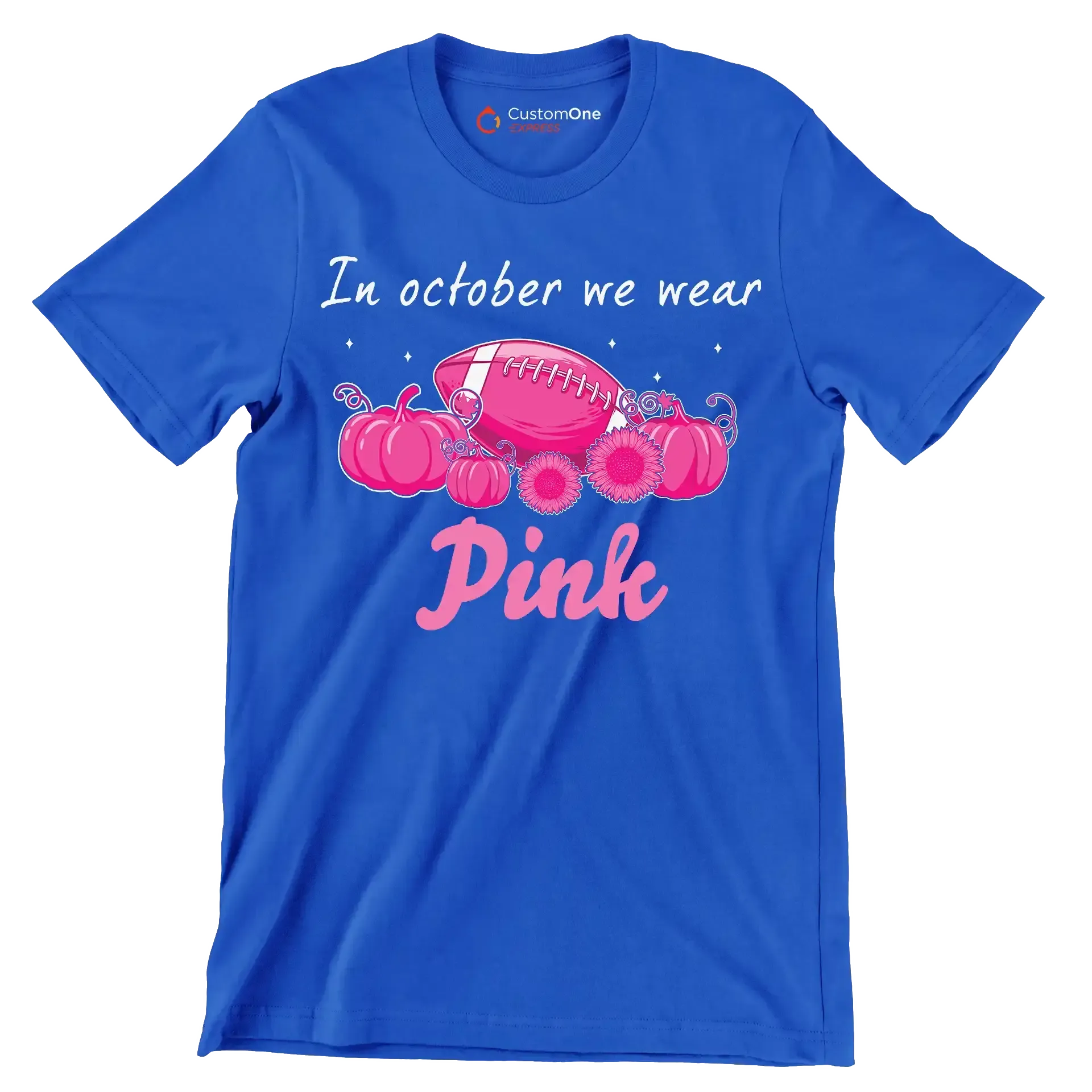 In October We Wear Pink - Breast Cancer Awareness T-Shirt-Blue-S-Custom One Express