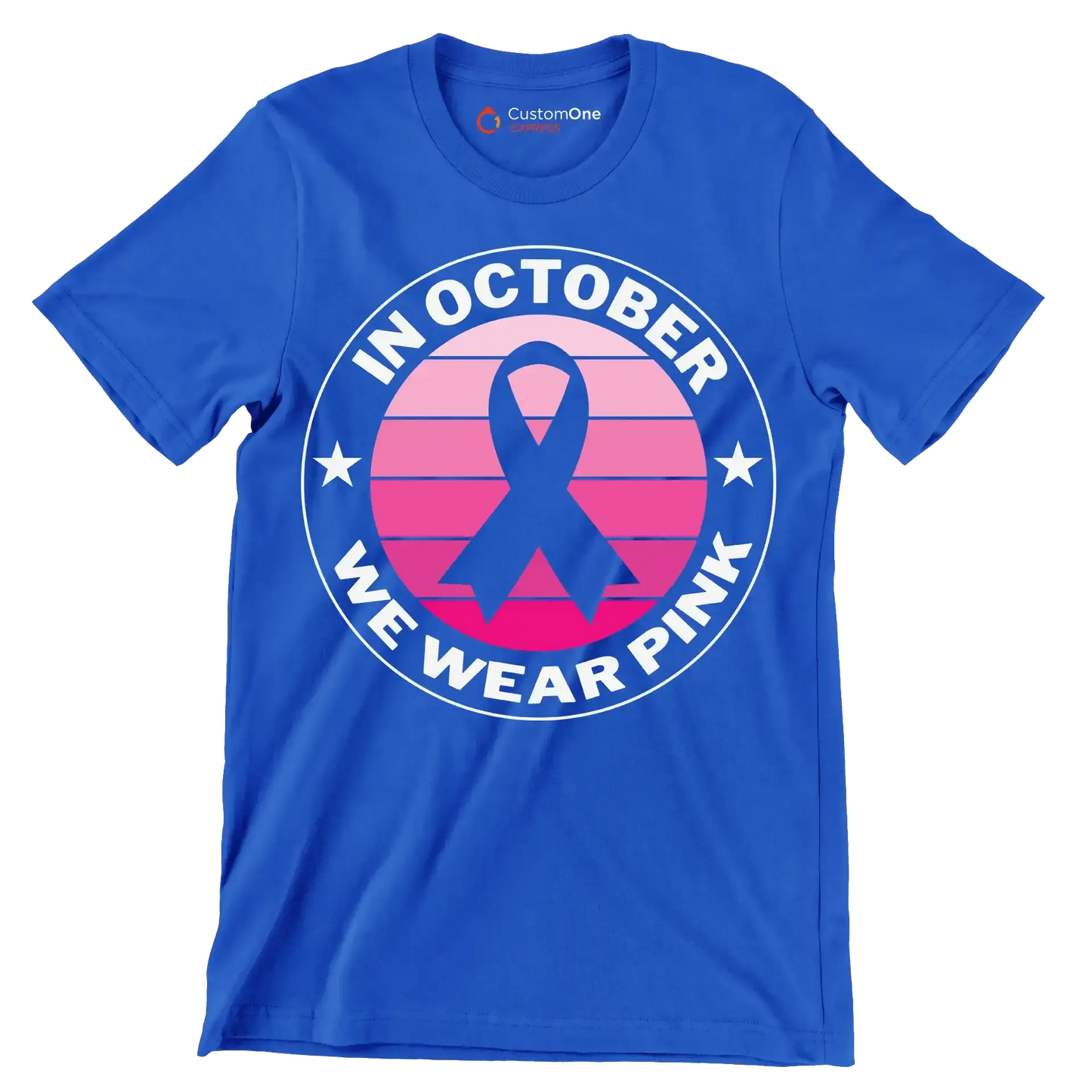 In October We Wear Pink - Breast Cancer Awareness T-Shirt-Blue-S-Custom One Express