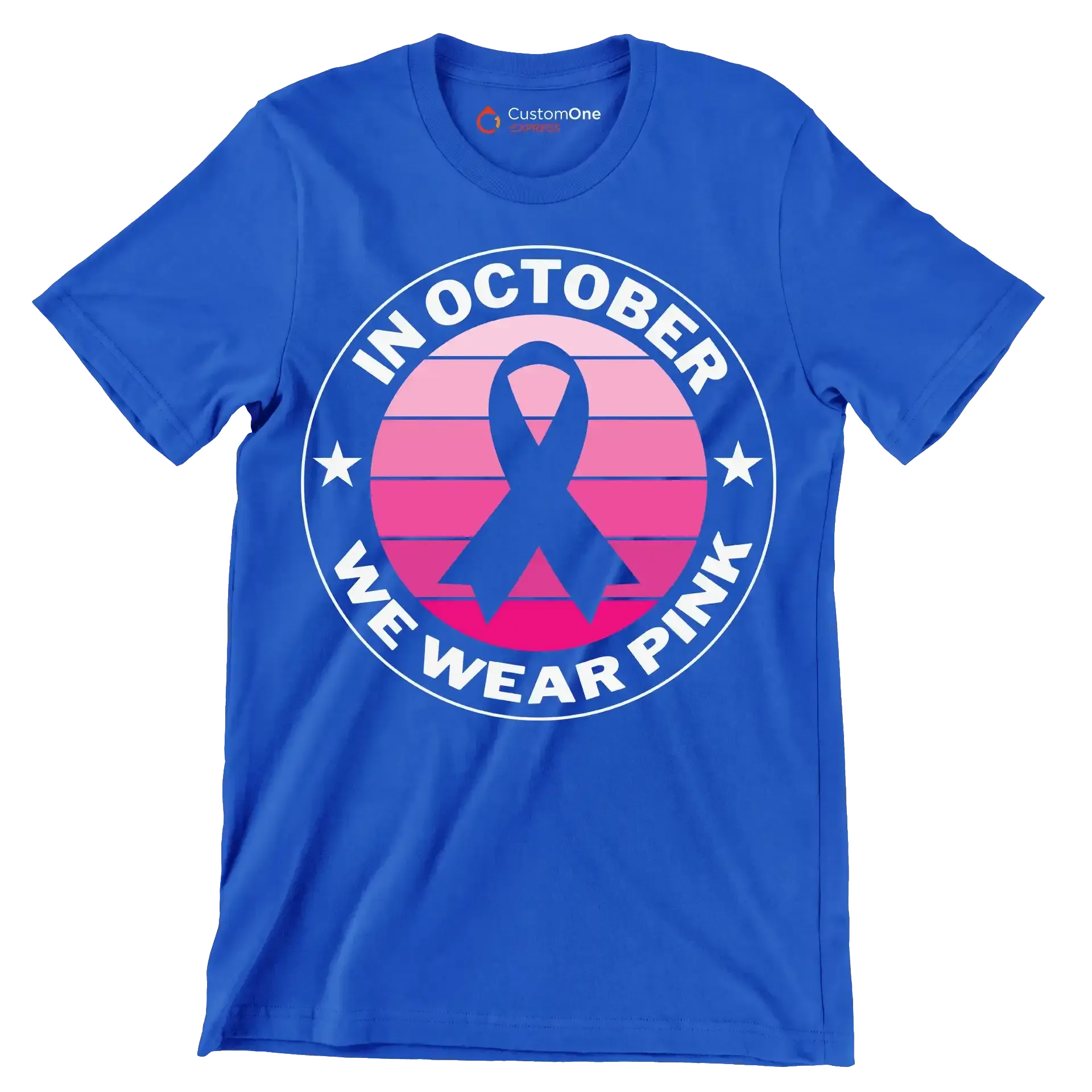 In October We Wear Pink - Breast Cancer Awareness T-Shirt-Blue-S-Custom One Express