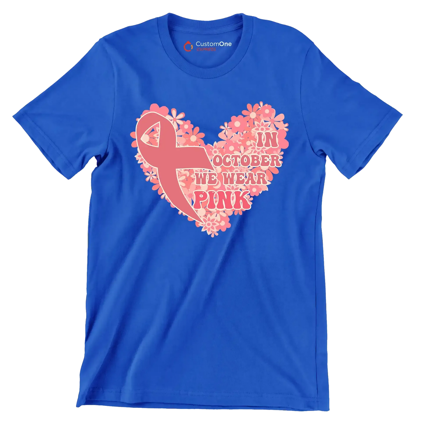 In October We Wear Pink - Breast Cancer Awareness T-Shirt-Blue-S-Custom One Express
