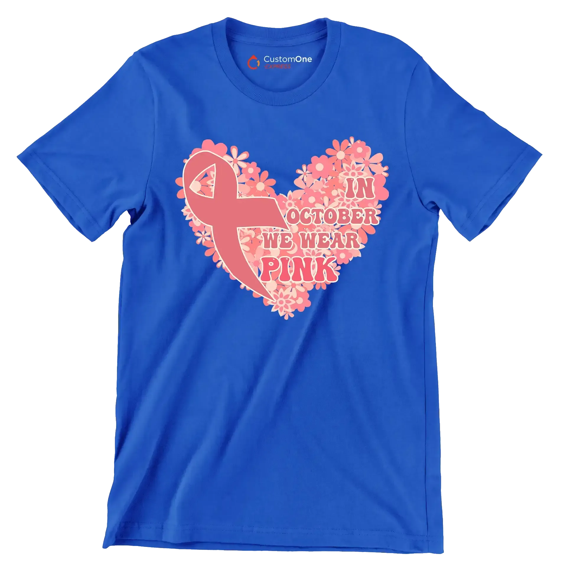 In October We Wear Pink - Breast Cancer Awareness T-Shirt-Blue-S-Custom One Express