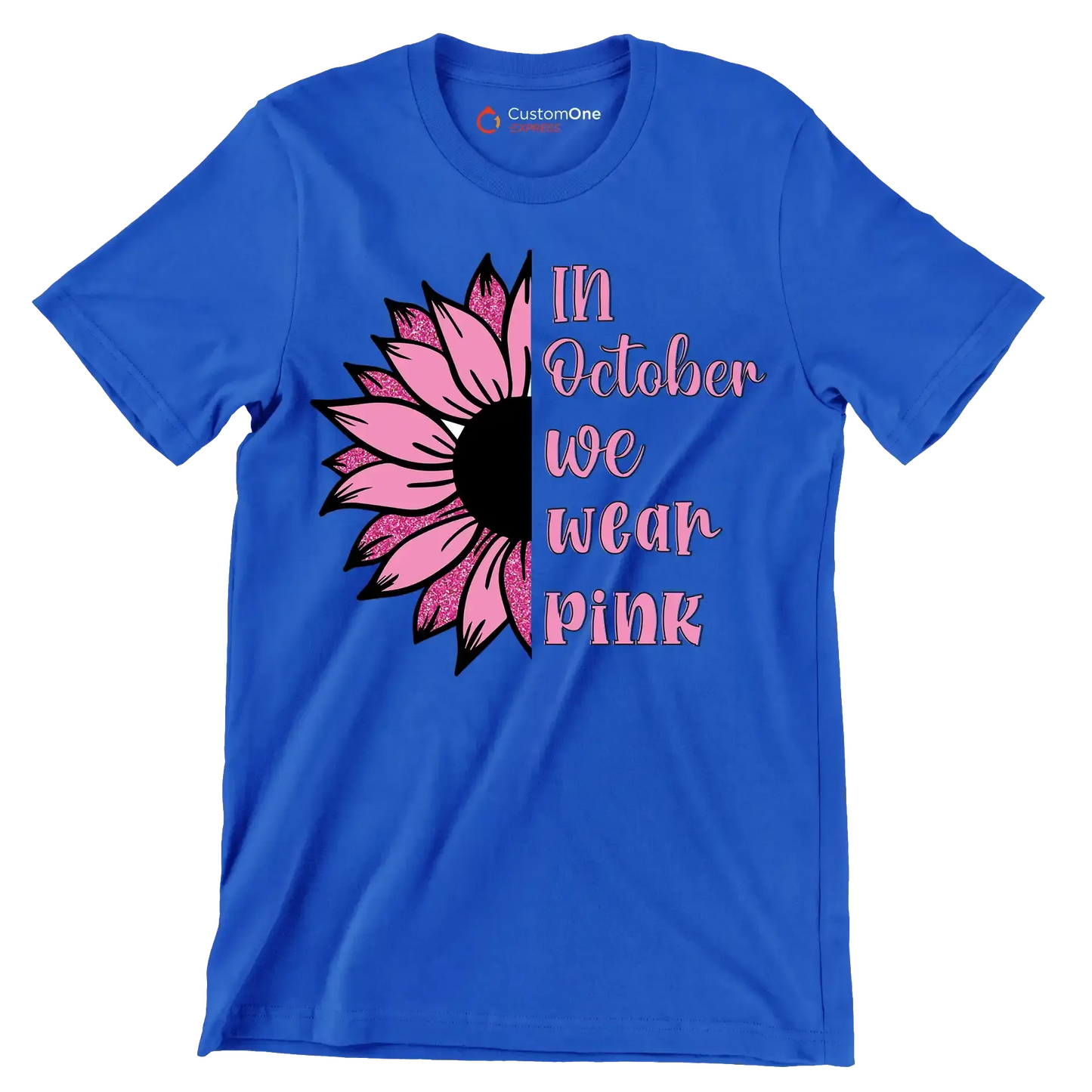 In October We Wear Pink - Breast Cancer Awareness T-Shirt-Blue-S-Custom One Express