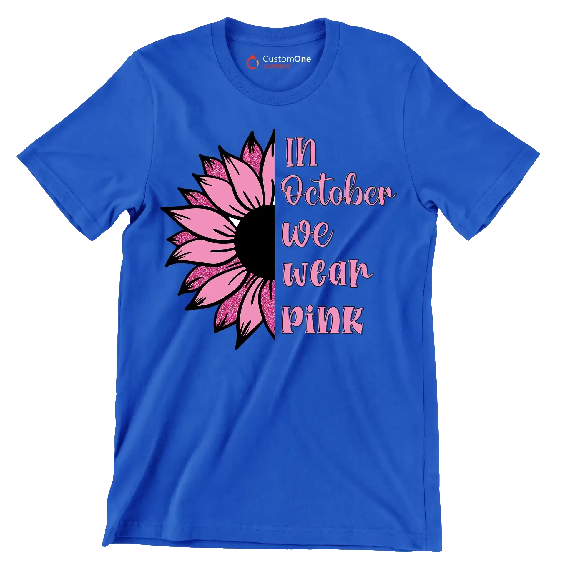 In October We Wear Pink - Breast Cancer Awareness T-Shirt-Blue-S-Custom One Express