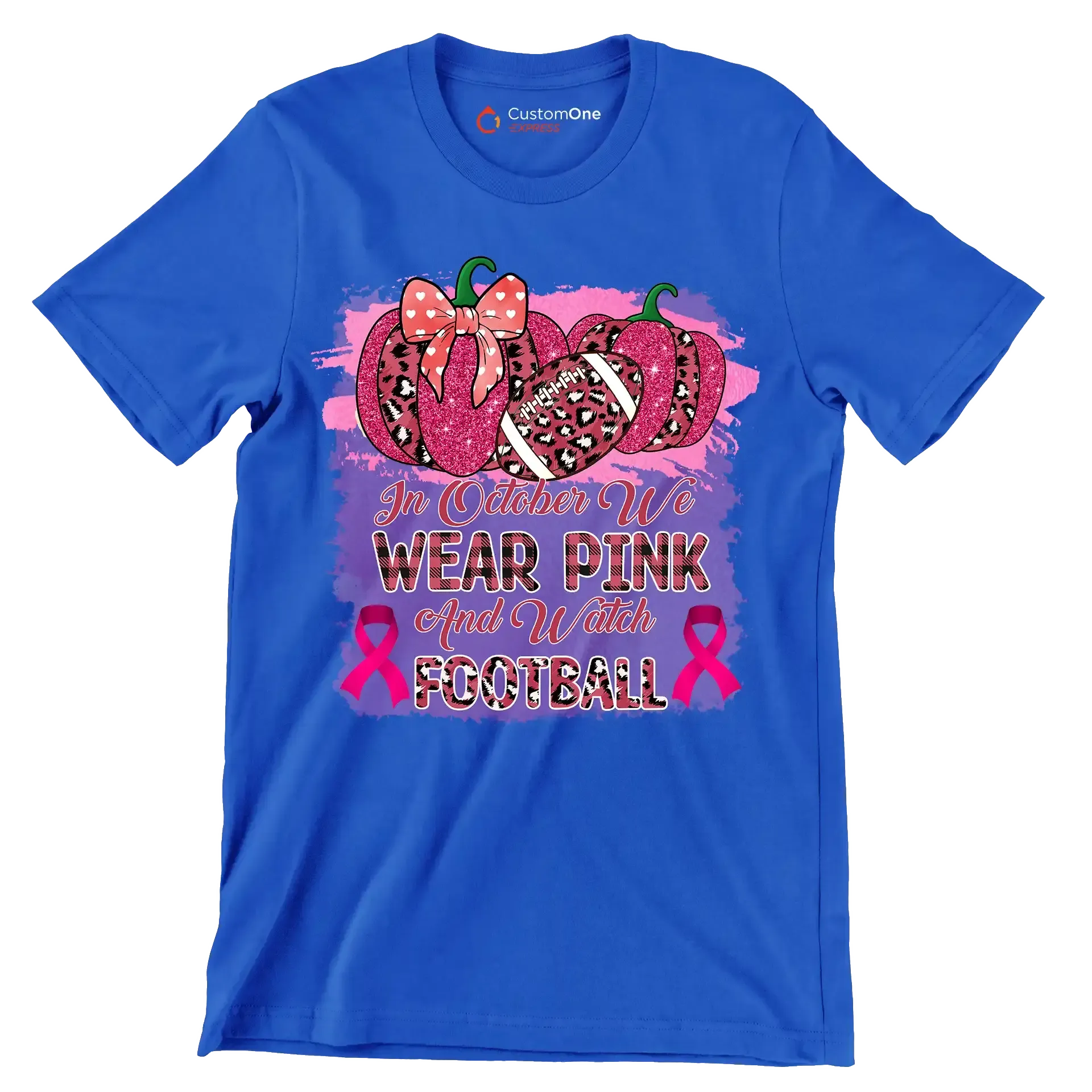 In october we wear pink and watch football - Breast Cancer Awareness T-Shirt-Blue-S-Custom One Express