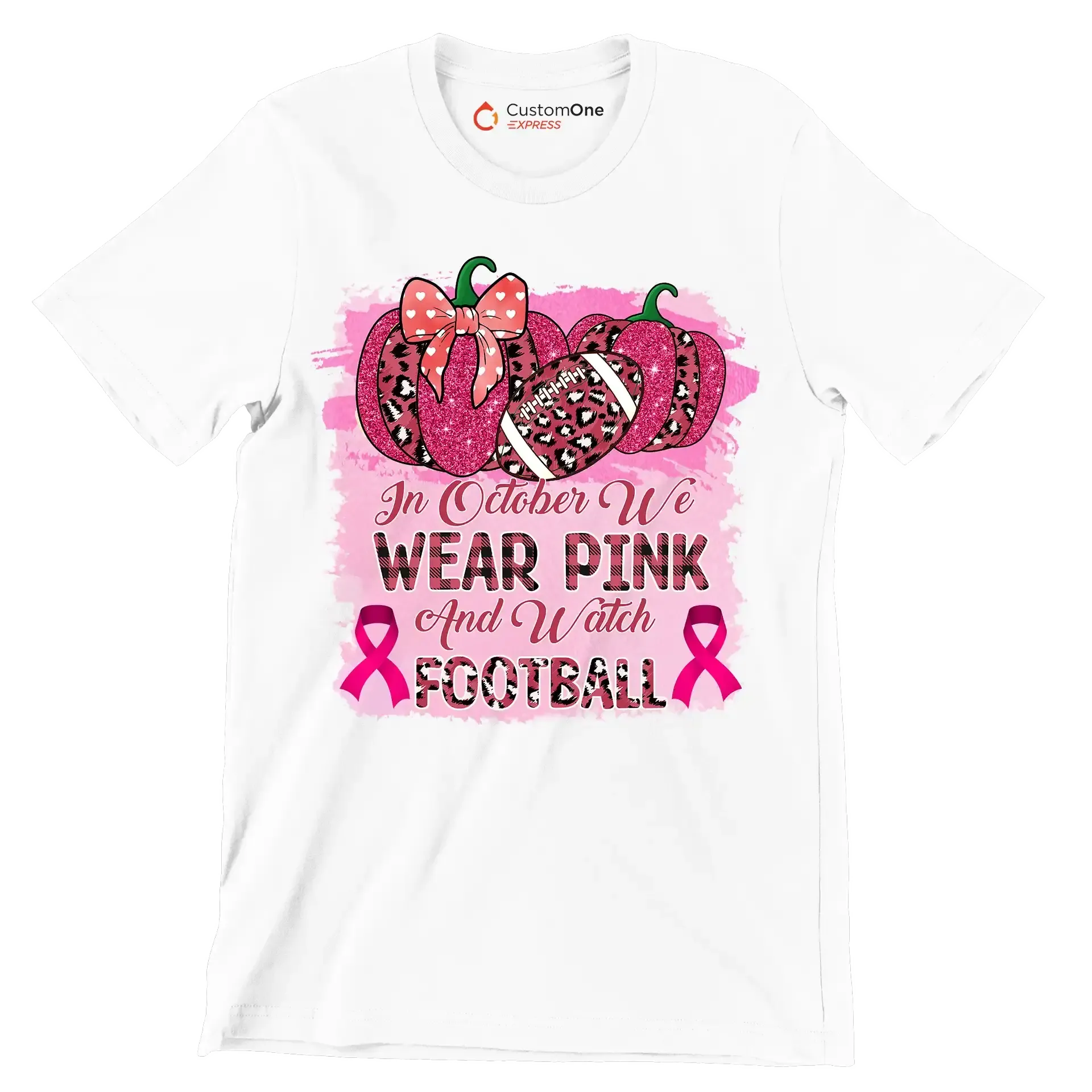 In october we wear pink and watch football - Breast Cancer Awareness T-Shirt-White-S-Custom One Express