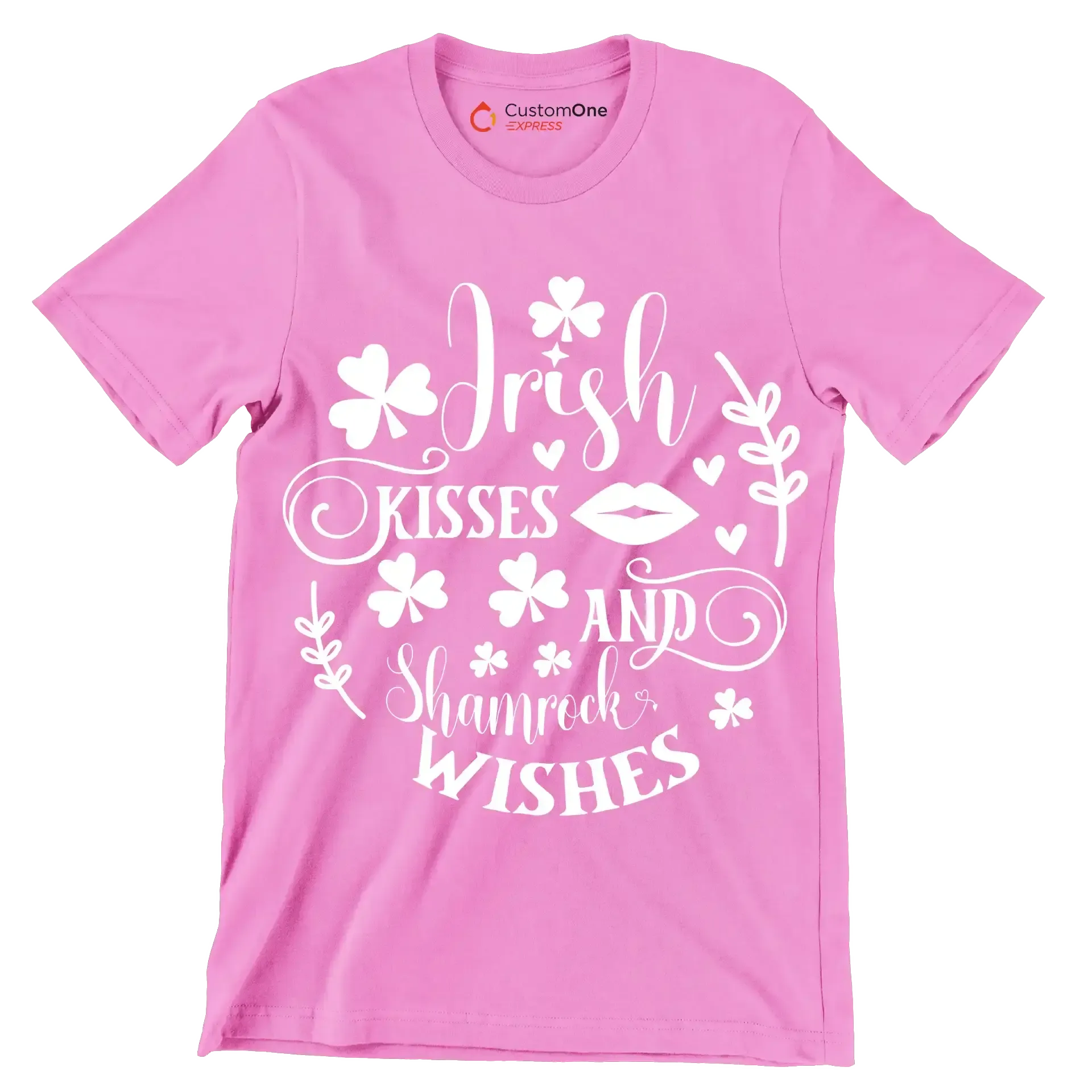 Irish Kisses and Shamrock Wishes - St. Patrick's Day T-Shirt-Pink-S-Custom One Express