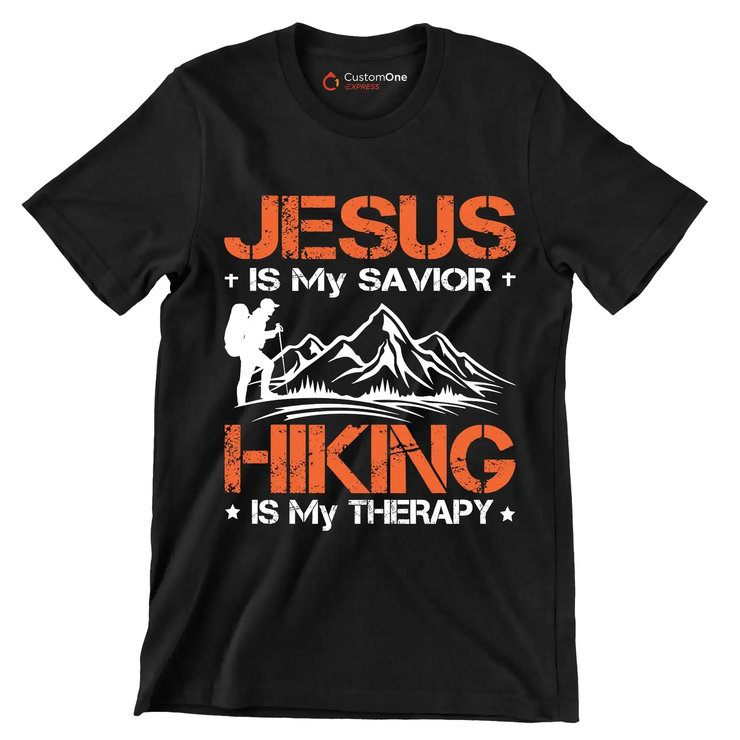 JESUS IS MY SAVIOR + HIKING IS MY THERAPY - Hiking Themed T-Shirt-Black-S-Custom One Express