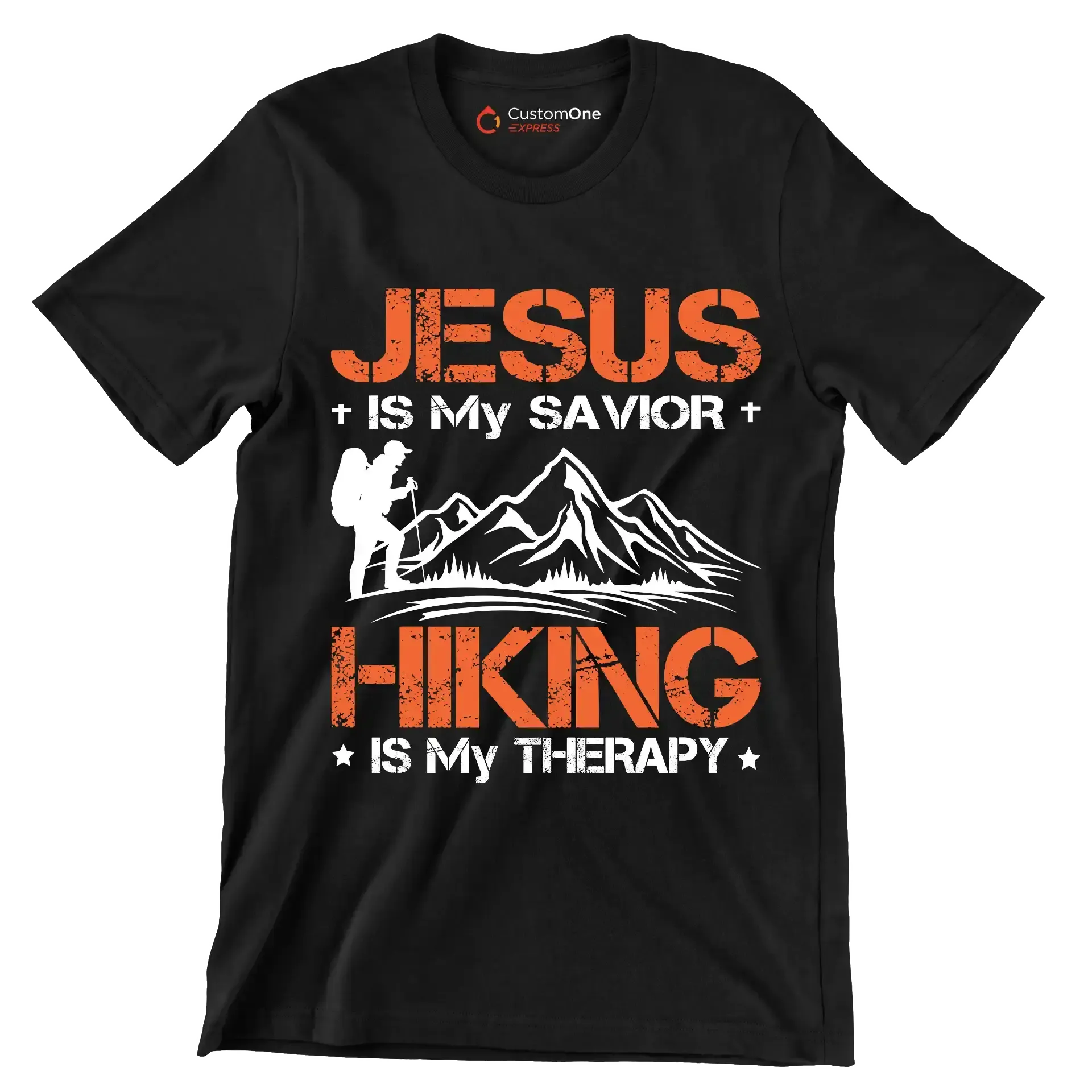 JESUS IS MY SAVIOR + HIKING IS MY THERAPY - Hiking Themed T-Shirt-Black-S-Custom One Express