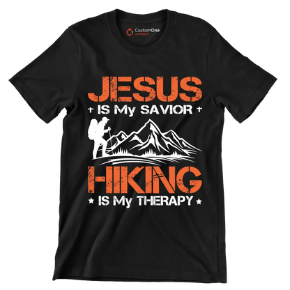 JESUS IS MY SAVIOR + HIKING IS MY THERAPY - Hiking Themed T-Shirt-Black-S-Custom One Express