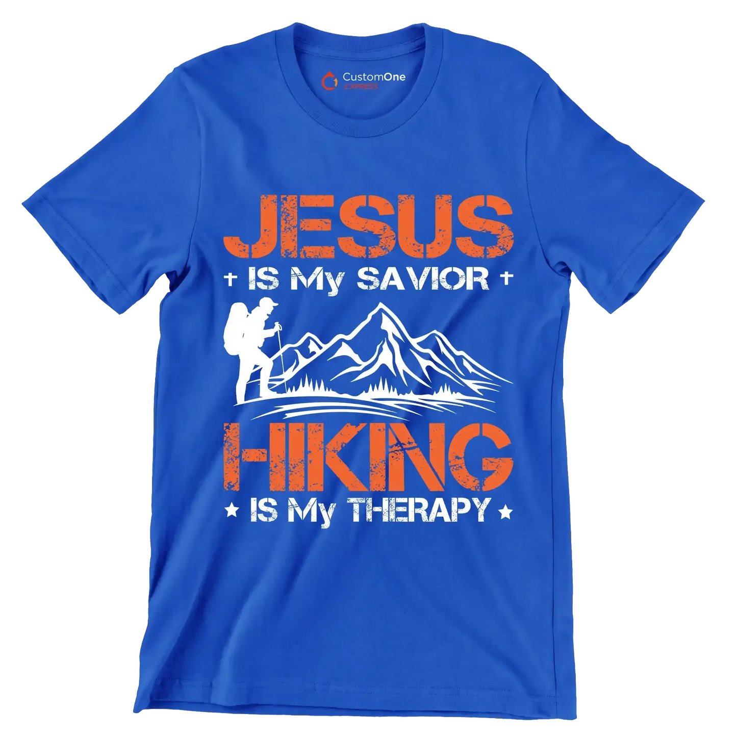 JESUS IS MY SAVIOR + HIKING IS MY THERAPY - Hiking Themed T-Shirt-Blue-S-Custom One Express