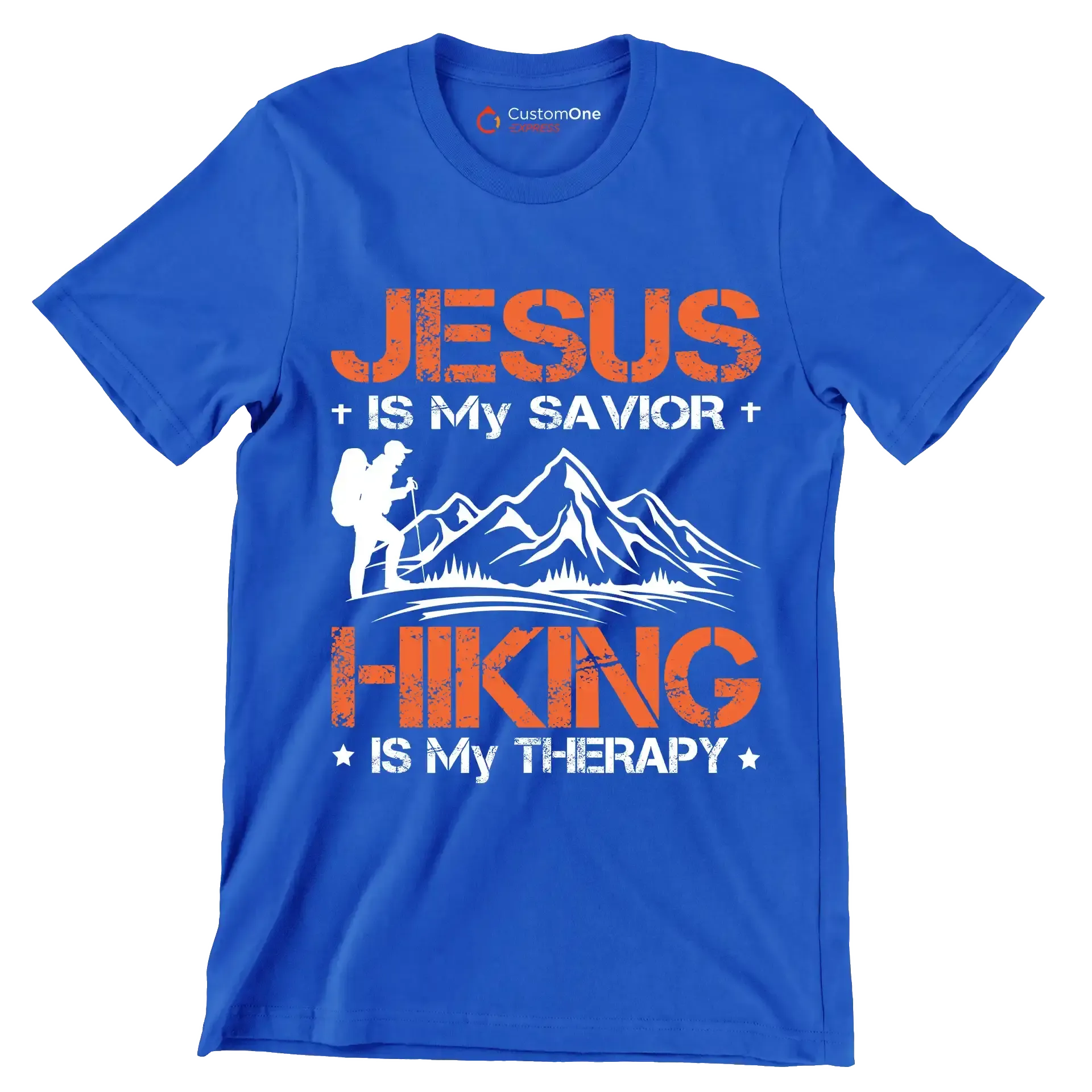JESUS IS MY SAVIOR + HIKING IS MY THERAPY - Hiking Themed T-Shirt-Blue-S-Custom One Express