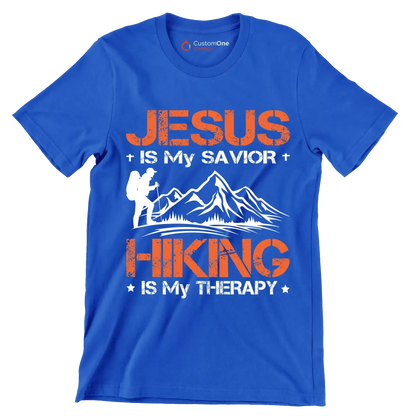 JESUS IS MY SAVIOR + HIKING IS MY THERAPY - Hiking Themed T-Shirt-Blue-S-Custom One Express