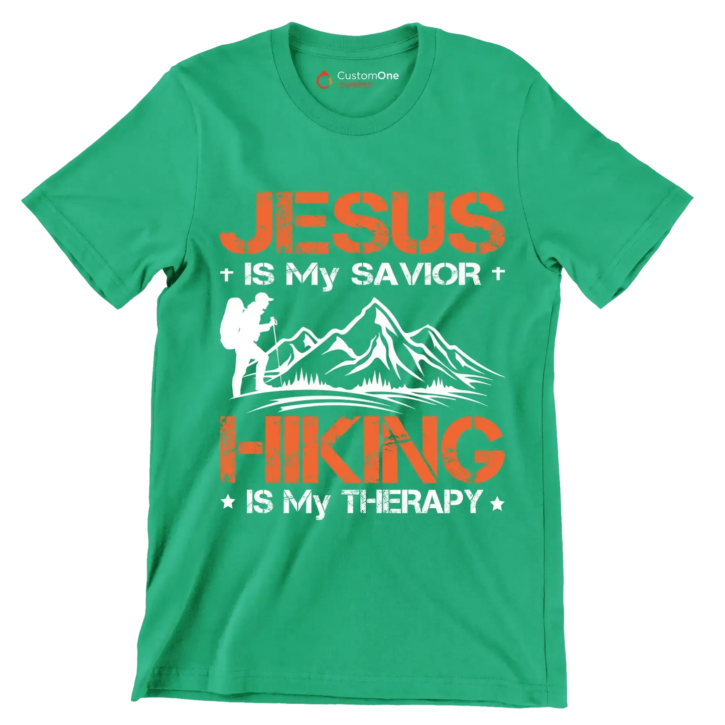JESUS IS MY SAVIOR + HIKING IS MY THERAPY - Hiking Themed T-Shirt-Green-S-Custom One Express