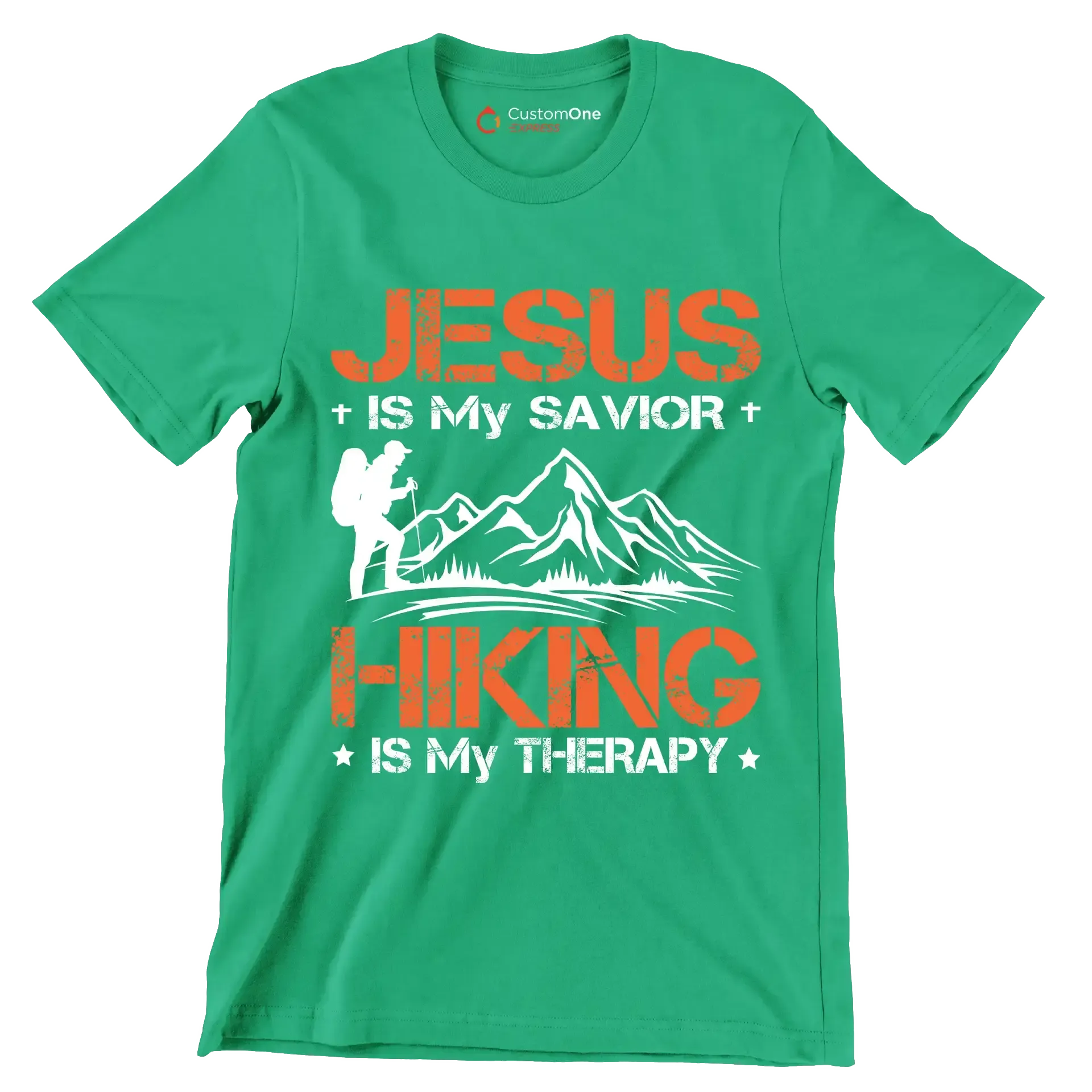 JESUS IS MY SAVIOR + HIKING IS MY THERAPY - Hiking Themed T-Shirt-Green-S-Custom One Express