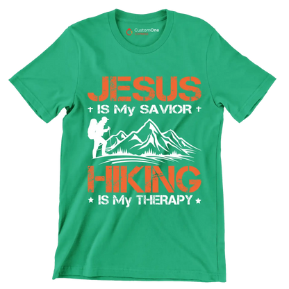 JESUS IS MY SAVIOR + HIKING IS MY THERAPY - Hiking Themed T-Shirt-Green-S-Custom One Express