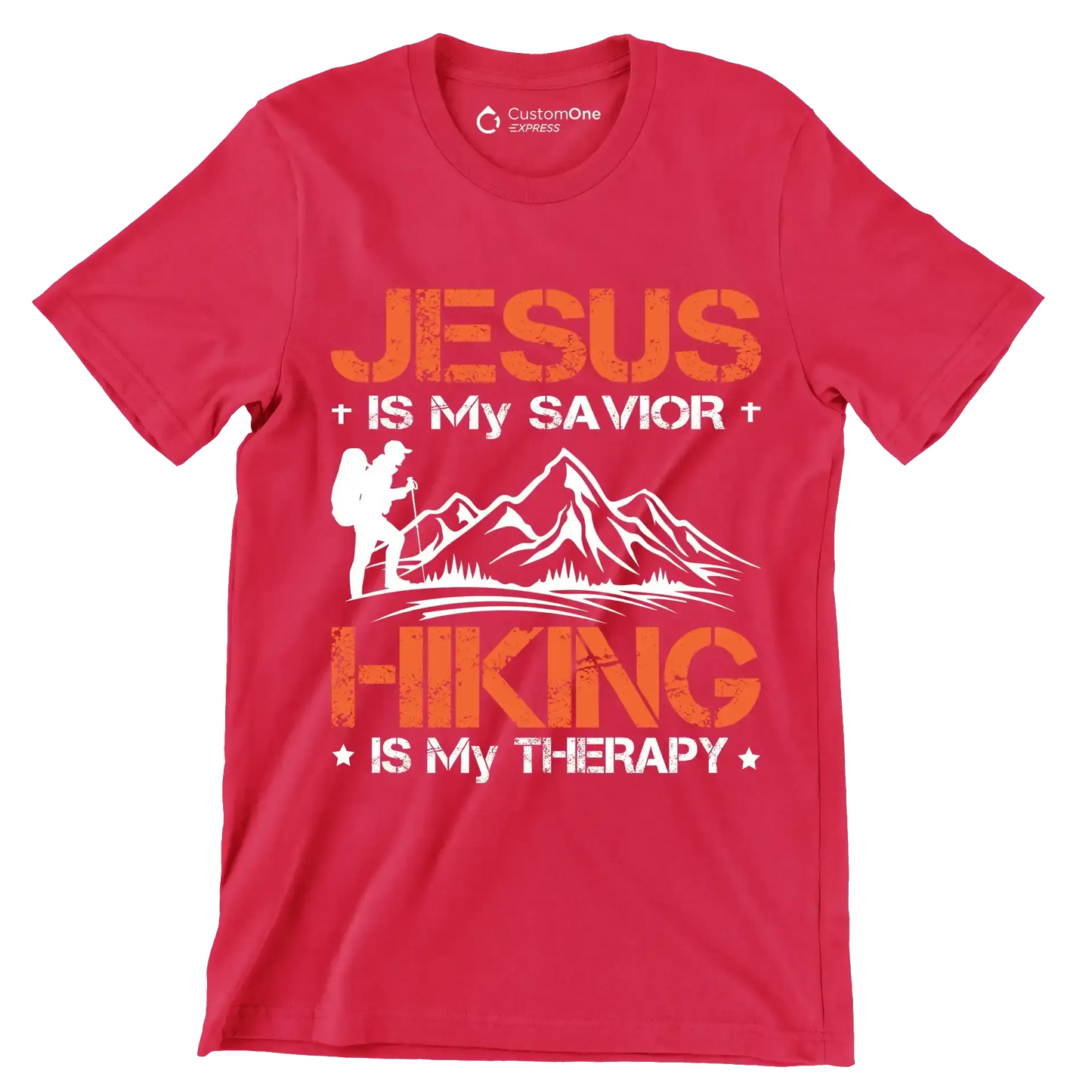 JESUS IS MY SAVIOR + HIKING IS MY THERAPY - Hiking Themed T-Shirt-Red-S-Custom One Express