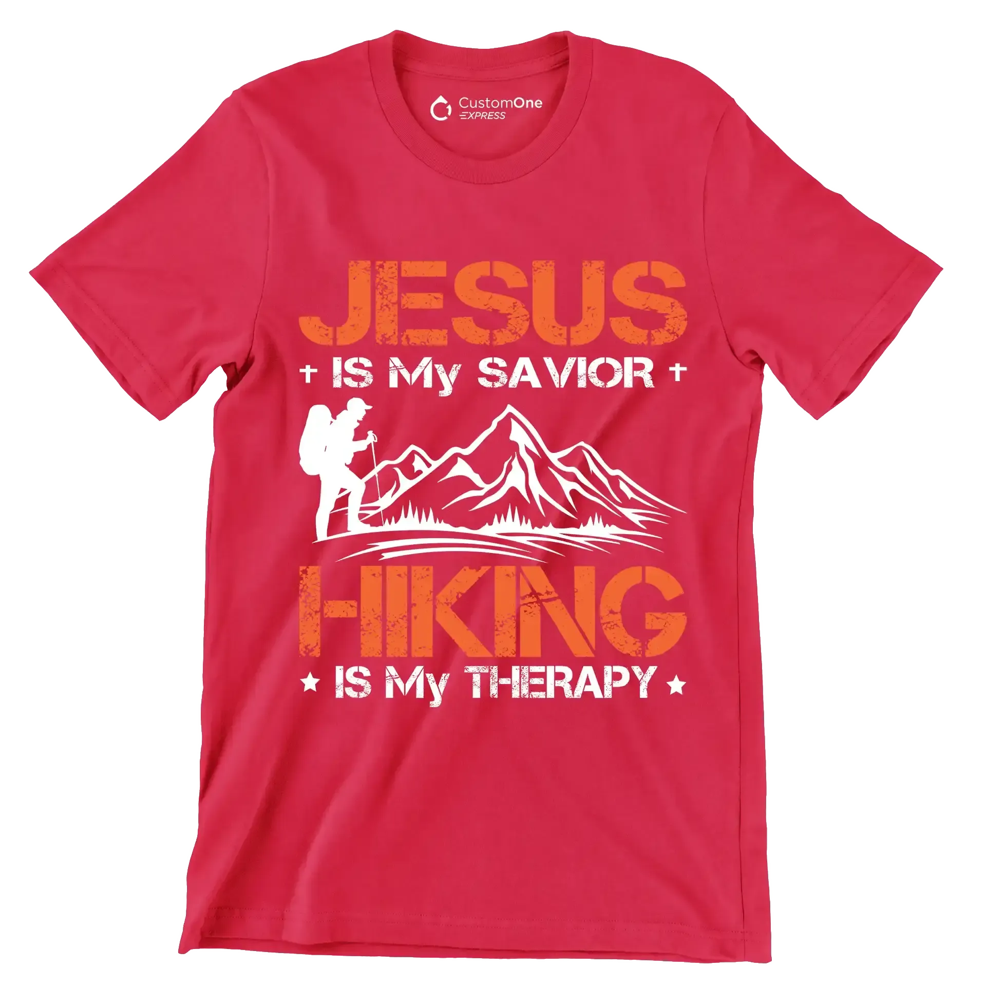 JESUS IS MY SAVIOR + HIKING IS MY THERAPY - Hiking Themed T-Shirt-Red-S-Custom One Express