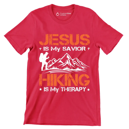 JESUS IS MY SAVIOR + HIKING IS MY THERAPY - Hiking Themed T-Shirt-Red-S-Custom One Express