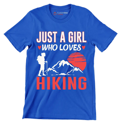 JUST A GIRL WHO LOVES HIKING - Hiking Themed T-Shirt-Blue-S-Custom One Express