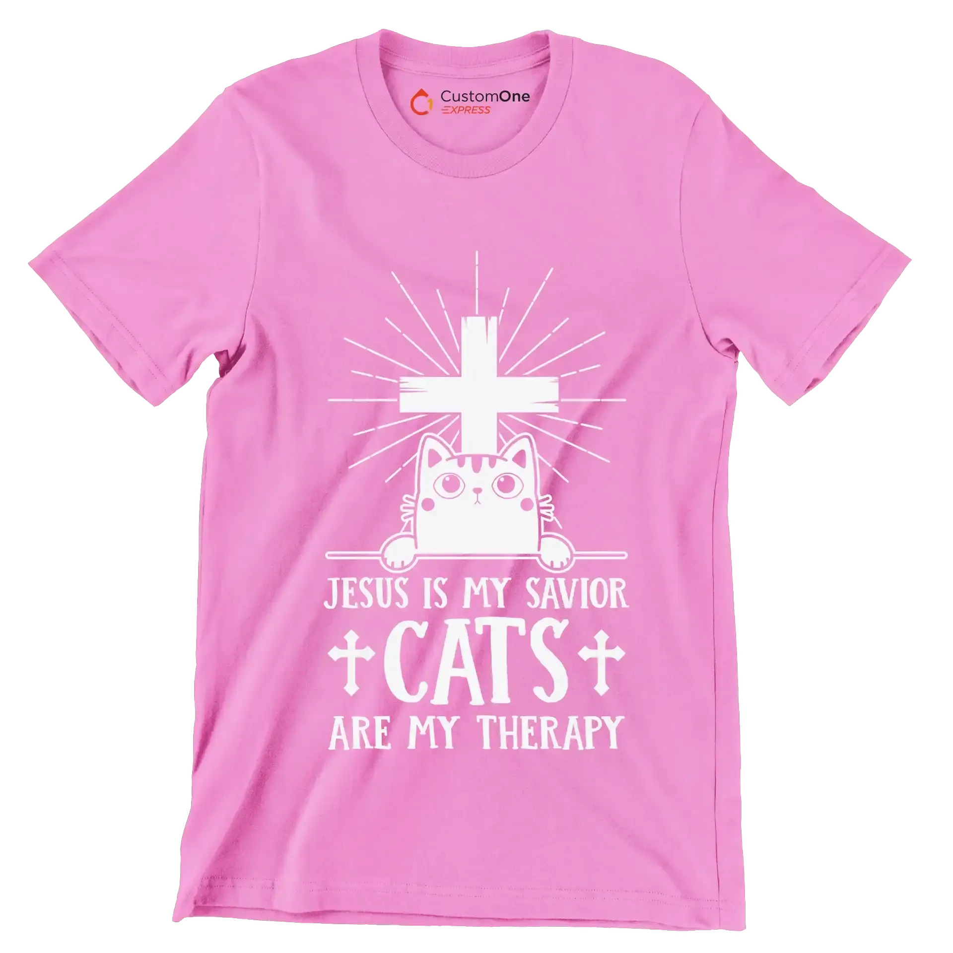 Jesus Is My Savior Cats - Cat Themed T-Shirt-Pink-S-Custom One Express