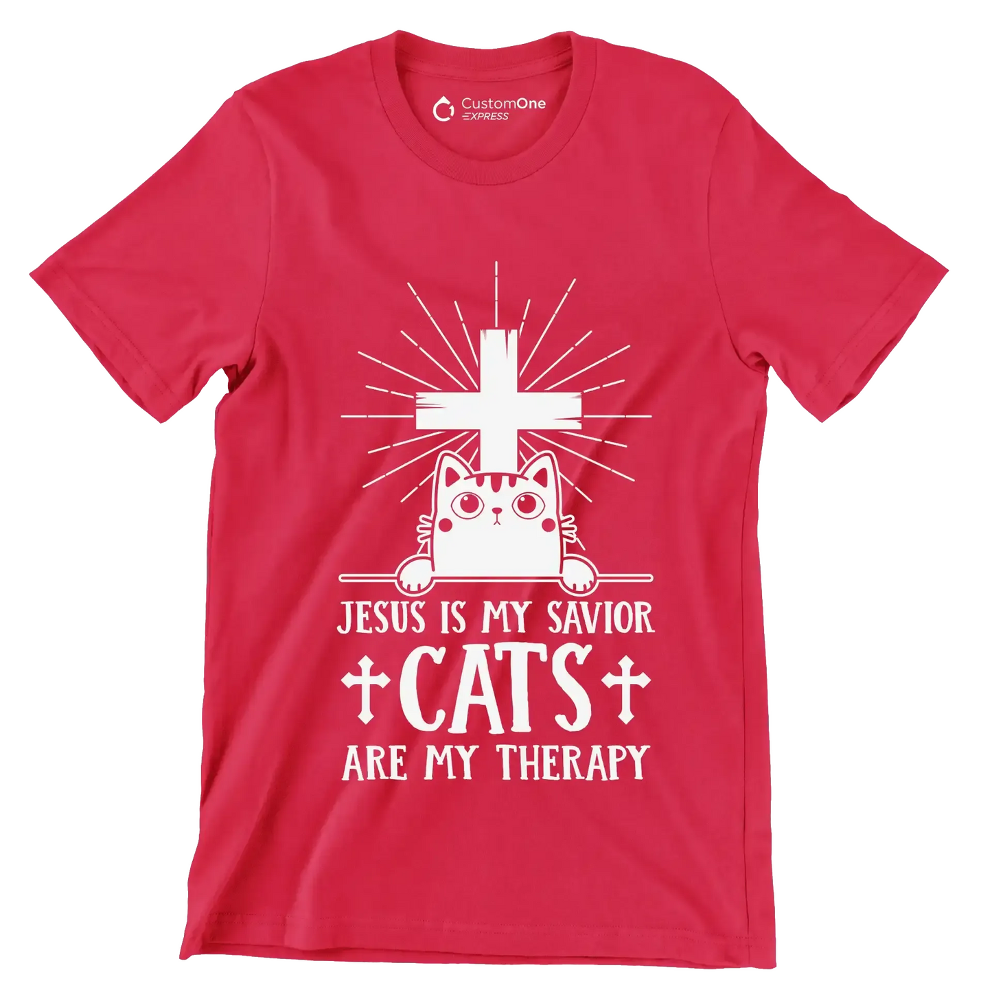Jesus Is My Savior Cats - Cat Themed T-Shirt-Red-S-Custom One Express