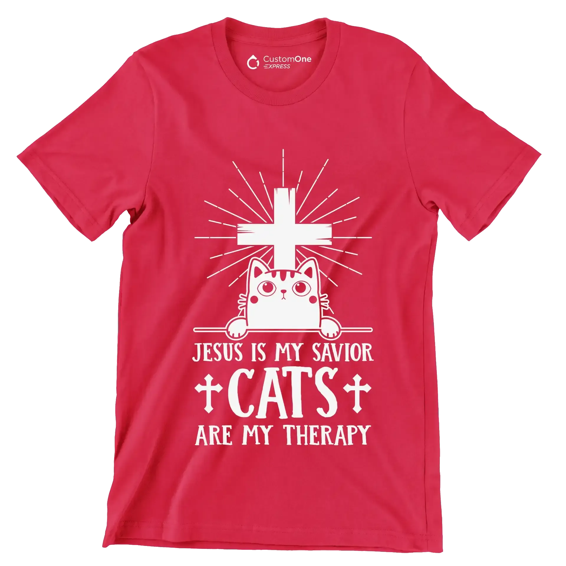 Jesus Is My Savior Cats - Cat Themed T-Shirt-Red-S-Custom One Express