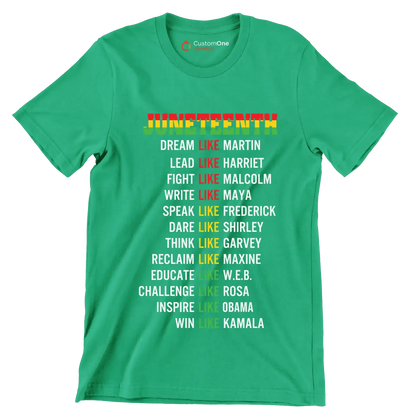 Juneteenth_DreamLikeMartin_LeadLikeHarriet_FightLikeMalcolm_WriteLikeMaya_SpeakLikeFrederick_DareLikeShirley_ThinkLikeGarvey_ReclaimLikeMaxine_EducateLikeWEB_ChallengeLike - Martin Luther King T-Shirt-Black-S-Custom One Express