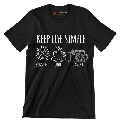 KEEP LIFE SIMPLE SUNSHINE COFFEE CAMERA - Coffee Themed T-Shirt-Black-S-Custom One Express