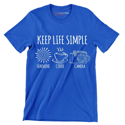KEEP LIFE SIMPLE SUNSHINE COFFEE CAMERA - Coffee Themed T-Shirt-Blue-S-Custom One Express