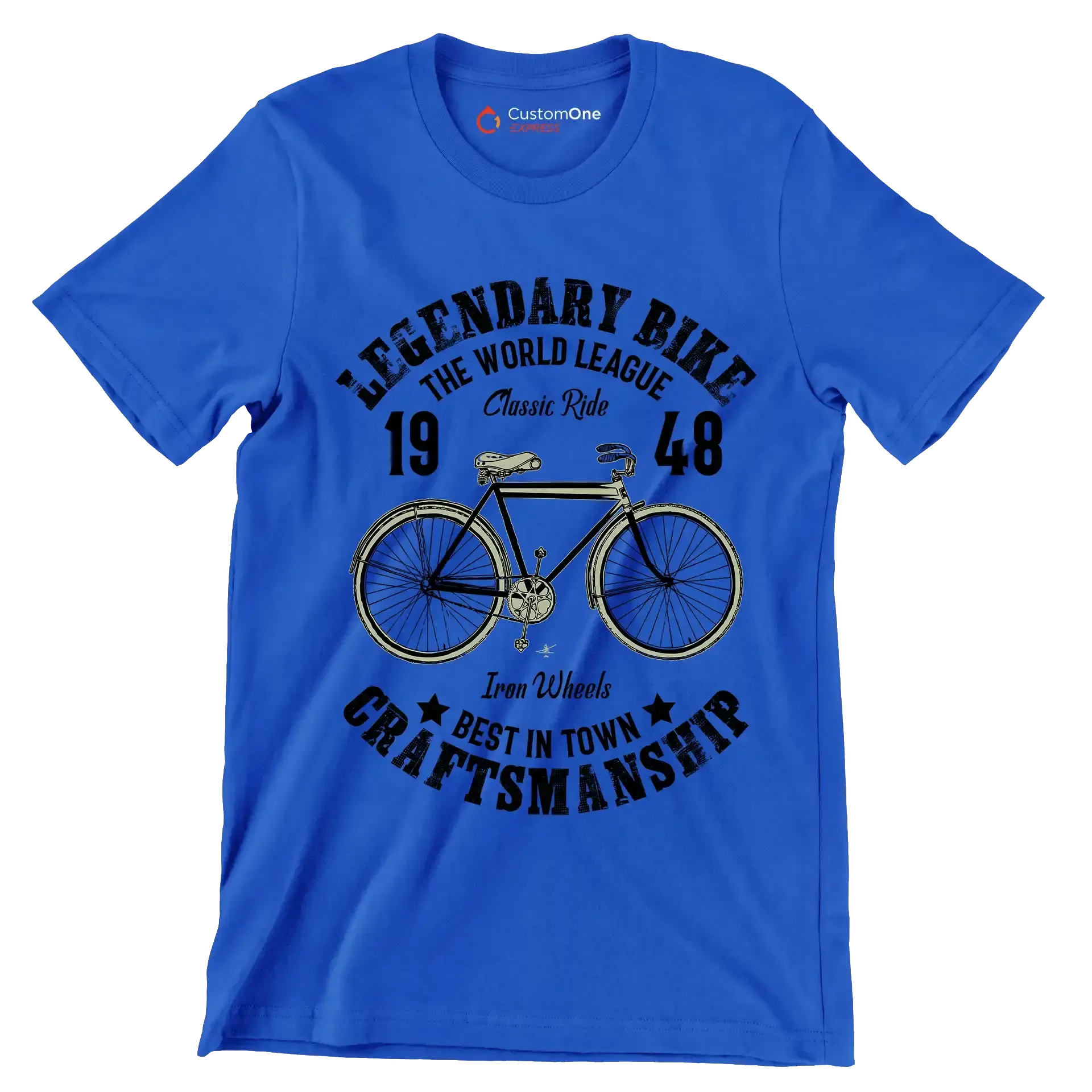 LEGENDARY BIKE THE WORLD LEAGUE 19 Classic Ride 48 Iron Wheels BEST IN TOWN CRAFTSMANSHIP - Bicycle Themed T-Shirt-Blue-S-Custom One Express