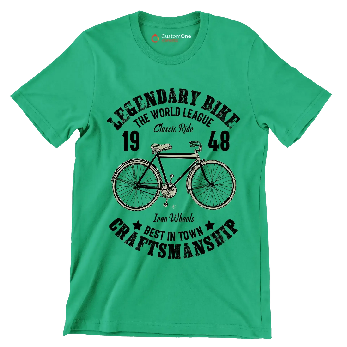 LEGENDARY BIKE THE WORLD LEAGUE 19 Classic Ride 48 Iron Wheels BEST IN TOWN CRAFTSMANSHIP - Bicycle Themed T-Shirt-Green-S-Custom One Express