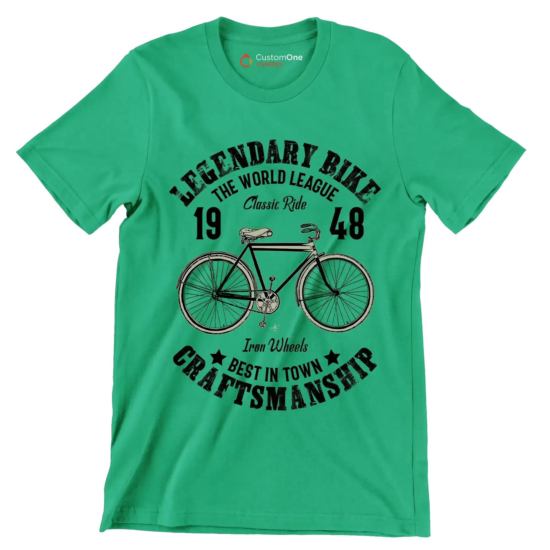 LEGENDARY BIKE THE WORLD LEAGUE 19 Classic Ride 48 Iron Wheels BEST IN TOWN CRAFTSMANSHIP - Bicycle Themed T-Shirt-Green-S-Custom One Express