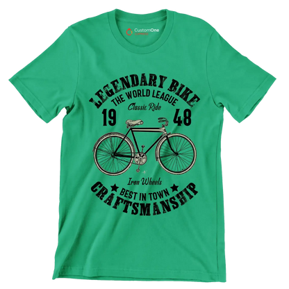 LEGENDARY BIKE THE WORLD LEAGUE 19 Classic Ride 48 Iron Wheels BEST IN TOWN CRAFTSMANSHIP - Bicycle Themed T-Shirt-Green-S-Custom One Express