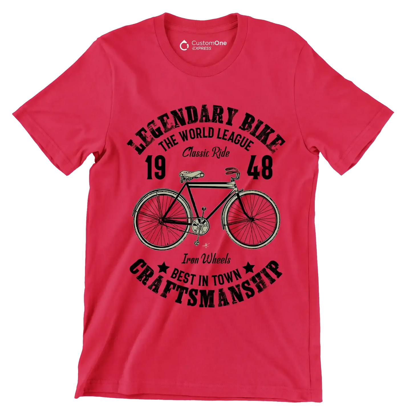LEGENDARY BIKE THE WORLD LEAGUE 19 Classic Ride 48 Iron Wheels BEST IN TOWN CRAFTSMANSHIP - Bicycle Themed T-Shirt-Red-S-Custom One Express