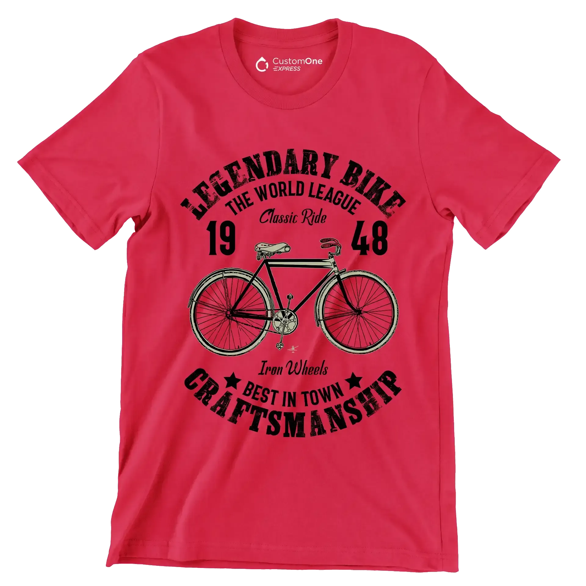 LEGENDARY BIKE THE WORLD LEAGUE 19 Classic Ride 48 Iron Wheels BEST IN TOWN CRAFTSMANSHIP - Bicycle Themed T-Shirt-Red-S-Custom One Express