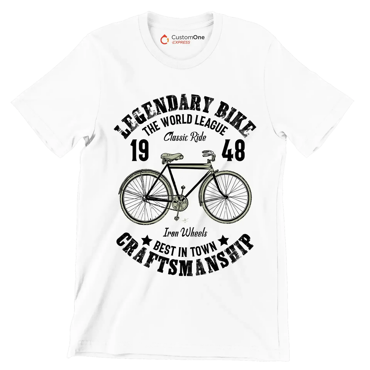 LEGENDARY BIKE THE WORLD LEAGUE 19 Classic Ride 48 Iron Wheels BEST IN TOWN CRAFTSMANSHIP - Bicycle Themed T-Shirt-White-S-Custom One Express