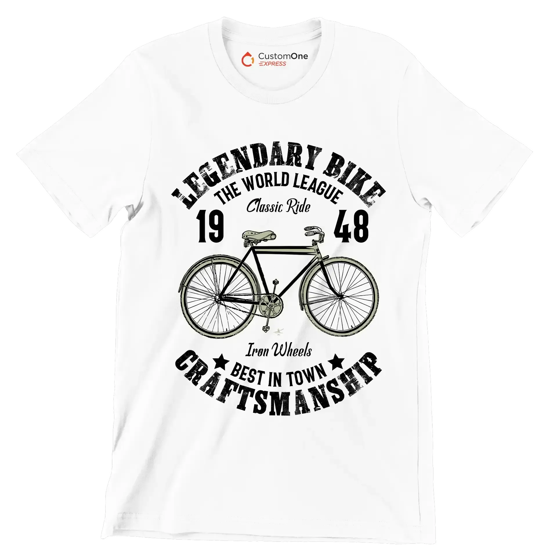 LEGENDARY BIKE THE WORLD LEAGUE 19 Classic Ride 48 Iron Wheels BEST IN TOWN CRAFTSMANSHIP - Bicycle Themed T-Shirt-White-S-Custom One Express