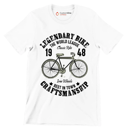 LEGENDARY BIKE THE WORLD LEAGUE 19 Classic Ride 48 Iron Wheels BEST IN TOWN CRAFTSMANSHIP - Bicycle Themed T-Shirt-White-S-Custom One Express