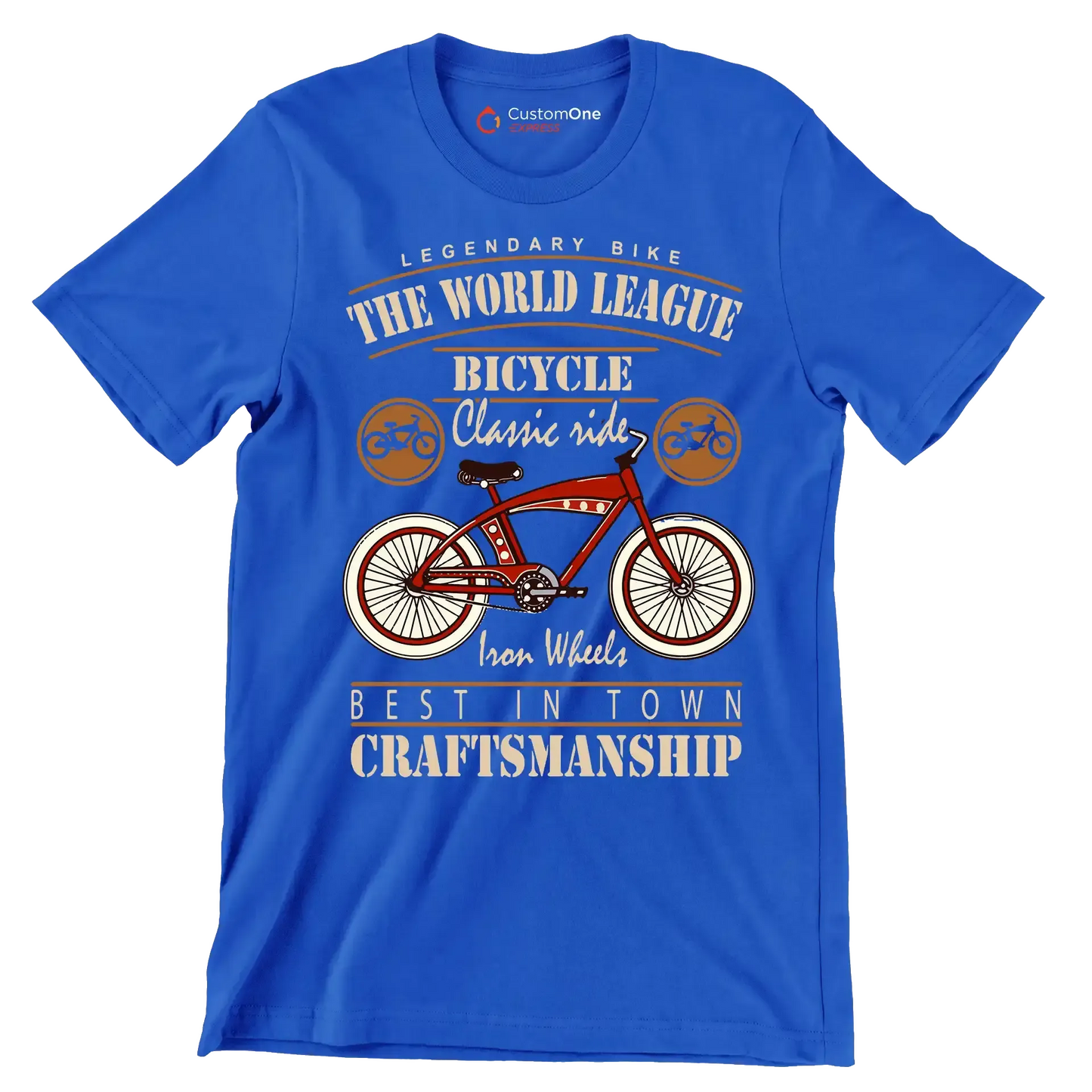 LEGENDARY BIKE THE WORLD LEAGUE BICYCLE Classic ride Iron Wheels BEST IN TOWN CRAFTSMANSHIP - Bicycle Themed T-Shirt-Blue-S-Custom One Express