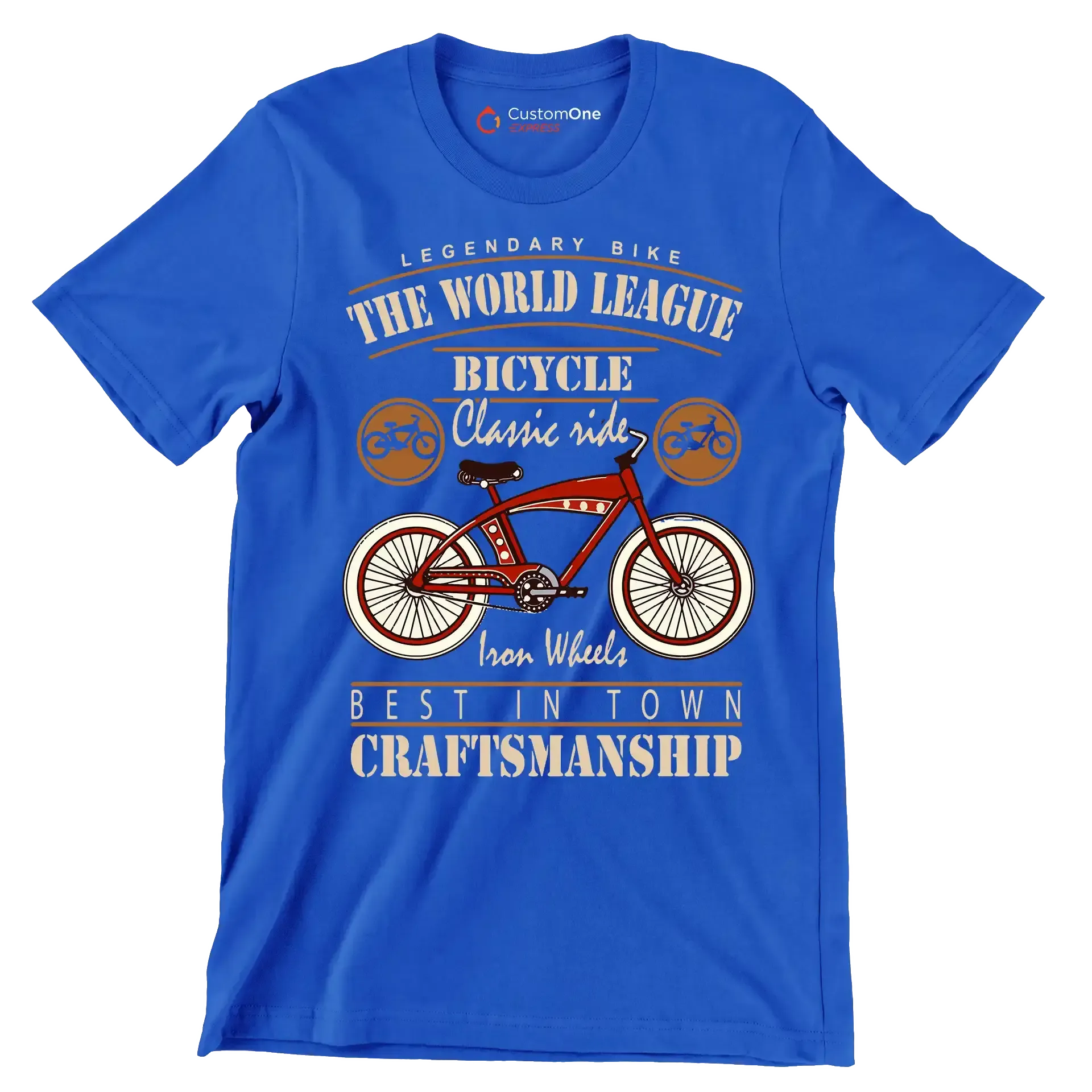 LEGENDARY BIKE THE WORLD LEAGUE BICYCLE Classic ride Iron Wheels BEST IN TOWN CRAFTSMANSHIP - Bicycle Themed T-Shirt-Blue-S-Custom One Express