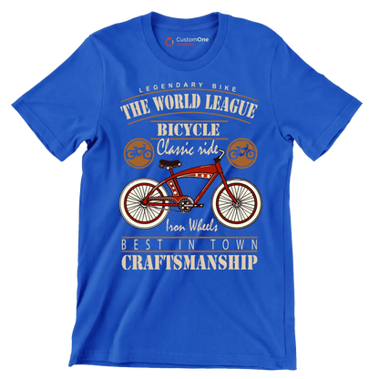 LEGENDARY BIKE THE WORLD LEAGUE BICYCLE Classic ride Iron Wheels BEST IN TOWN CRAFTSMANSHIP - Bicycle Themed T-Shirt-Blue-S-Custom One Express