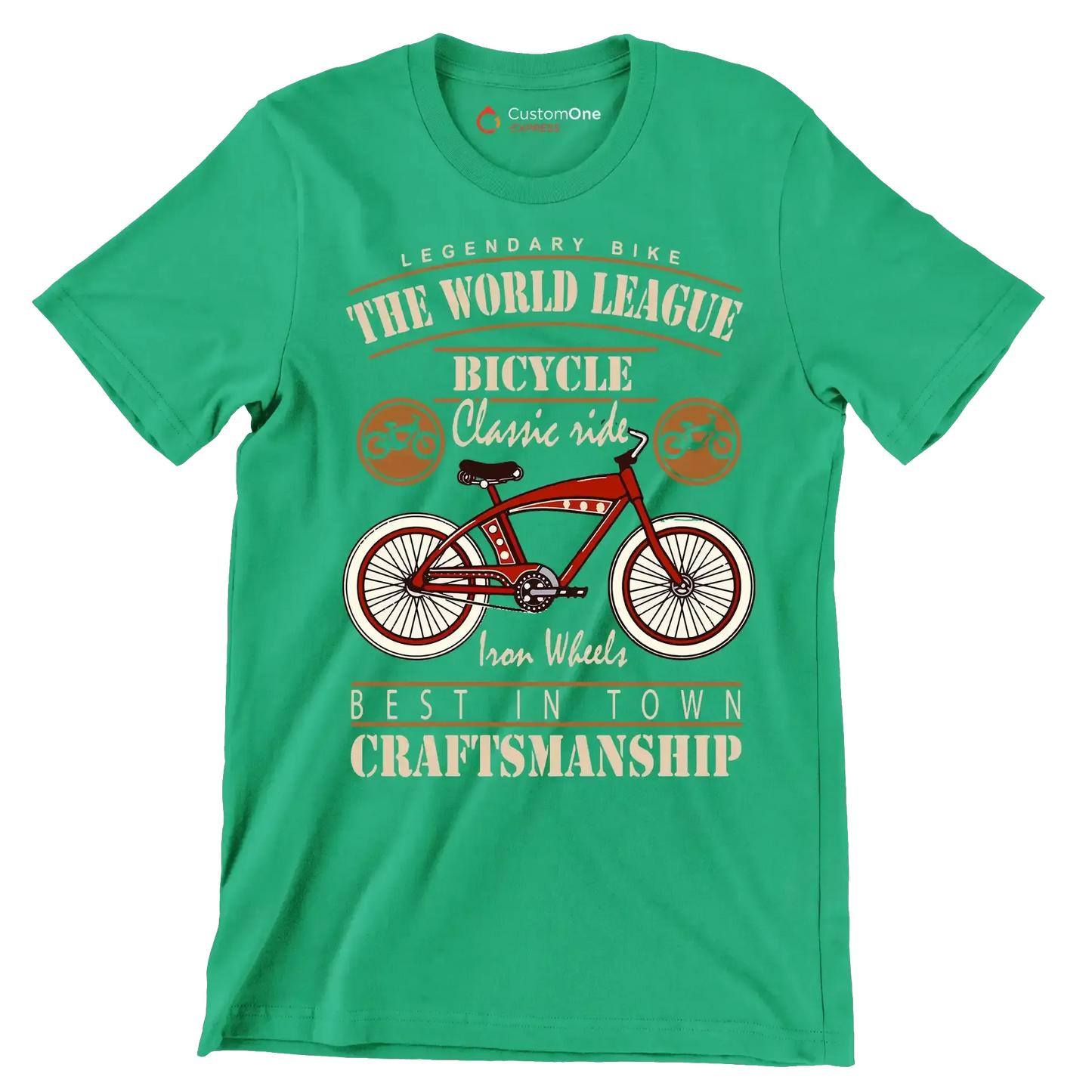 LEGENDARY BIKE THE WORLD LEAGUE BICYCLE Classic ride Iron Wheels BEST IN TOWN CRAFTSMANSHIP - Bicycle Themed T-Shirt-Green-S-Custom One Express